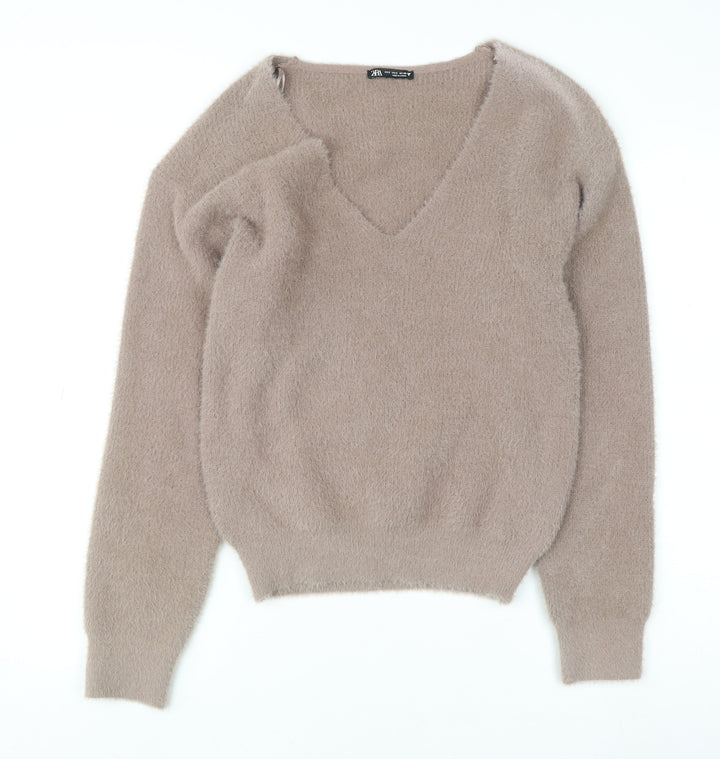 Zara Women Beige V-Neck Long Sleeve Knit Pullover Jumper Size S