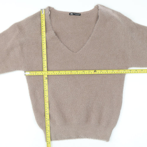 Zara Women Beige V-Neck Long Sleeve Knit Pullover Jumper Size S