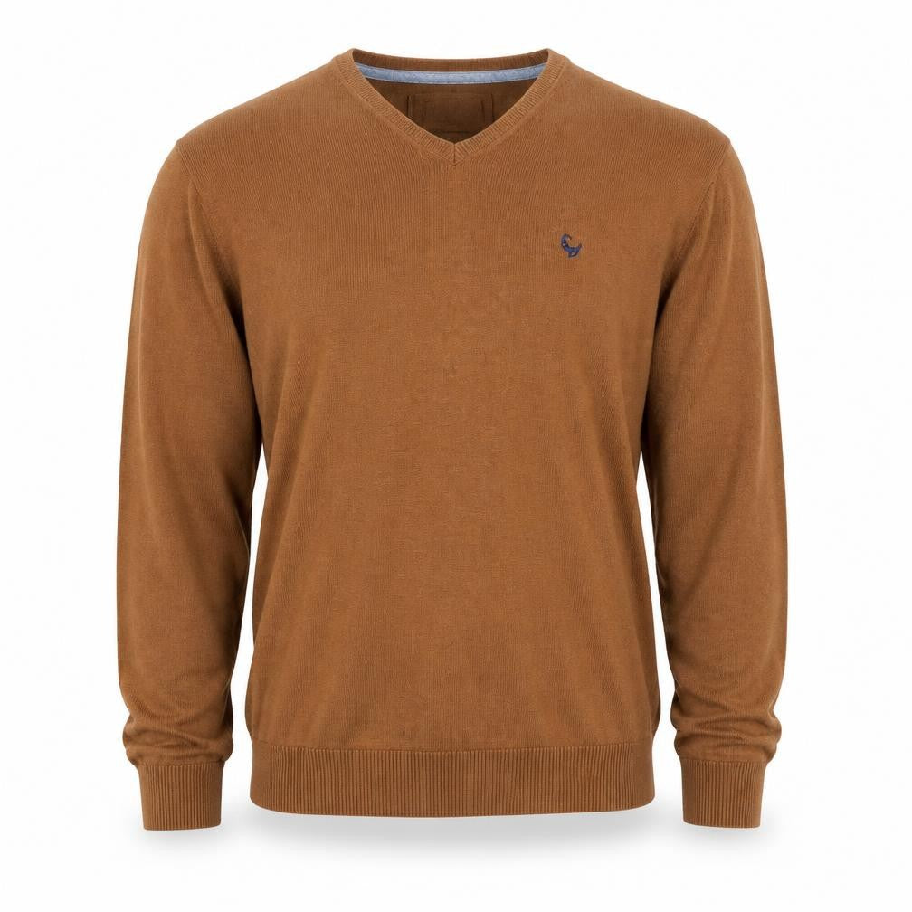 Front view of Old Khaki Men's Brown Cotton V-Neck jumper, size M