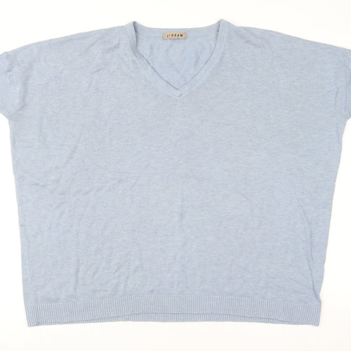 Jigsaw Women's Blue Knit V-Neck Short Sleeve Wool Blend Top M
