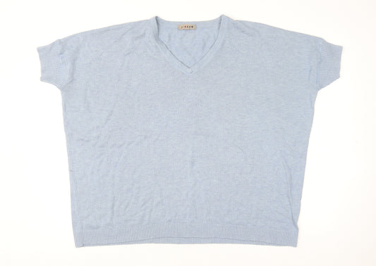 Jigsaw Women's Blue Knit V-Neck Short Sleeve Wool Blend Top M