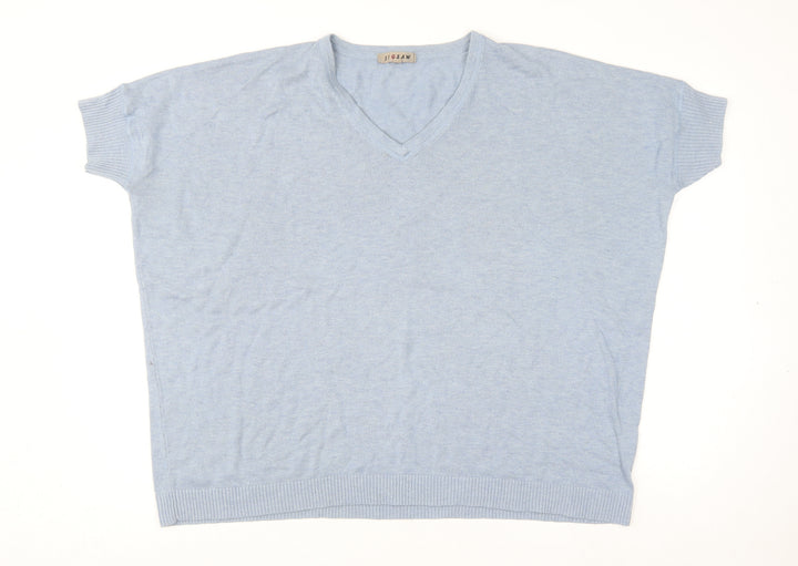 Jigsaw Women's Blue Knit V-Neck Short Sleeve Wool Blend Top M