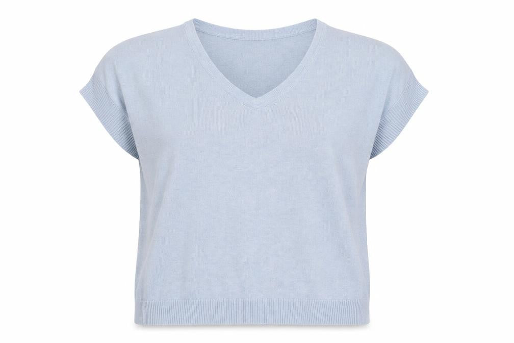 Front view of Jigsaw Women's Blue Knit V-Neck Short Sleeve Wool Blend Top M
