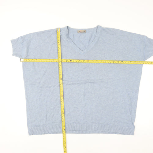 Jigsaw Women's Blue Knit V-Neck Short Sleeve Wool Blend Top M