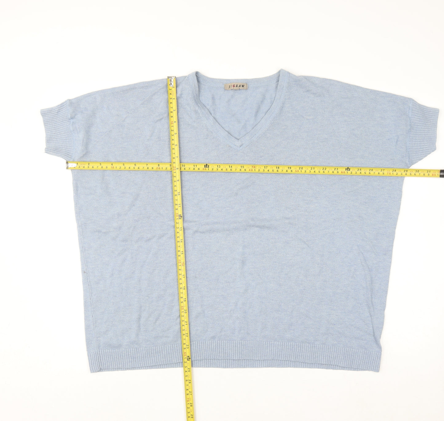 Jigsaw Women's Blue Knit V-Neck Short Sleeve Wool Blend Top M