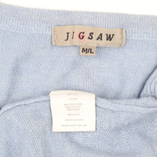 Jigsaw Women's Blue Knit V-Neck Short Sleeve Wool Blend Top M