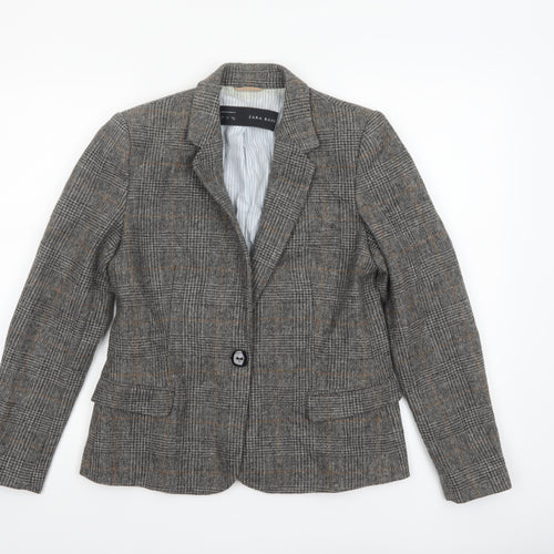 Zara Basic Womens Grey Checked Wool Blend Blazer Jacket Size L UK 12