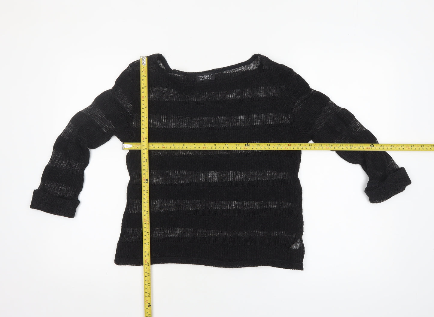 Topshop Women's Black Open-Knit Striped Jumper Size 10