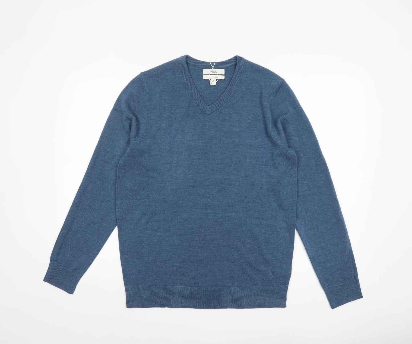 Marks and Spencer Men's Blue V-Neck Cashmilon Jumper M Regular