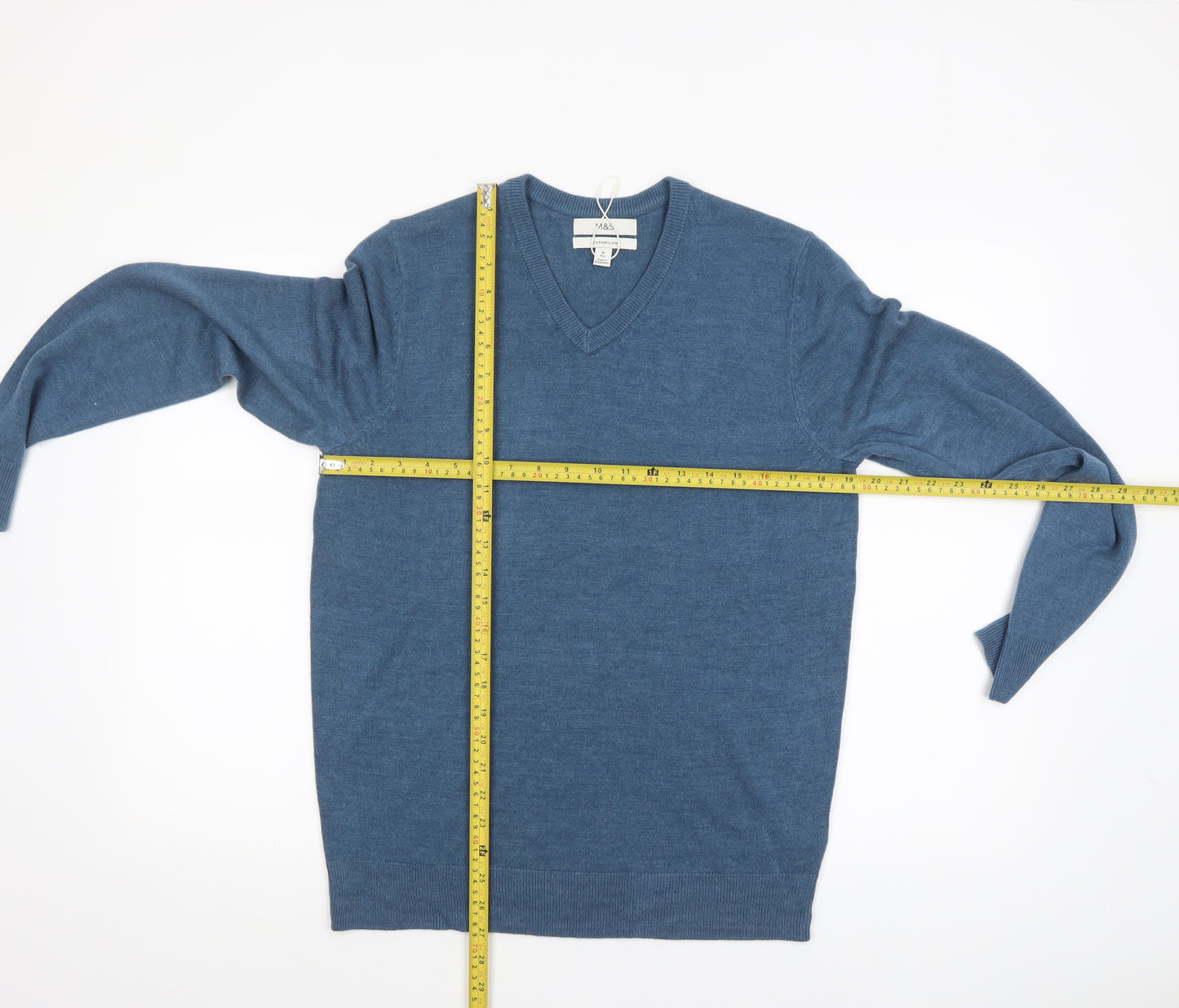 Marks and Spencer Men's Blue V-Neck Cashmilon Jumper M Regular