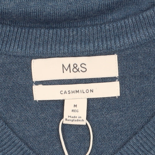 Marks and Spencer Men's Blue V-Neck Cashmilon Jumper M Regular