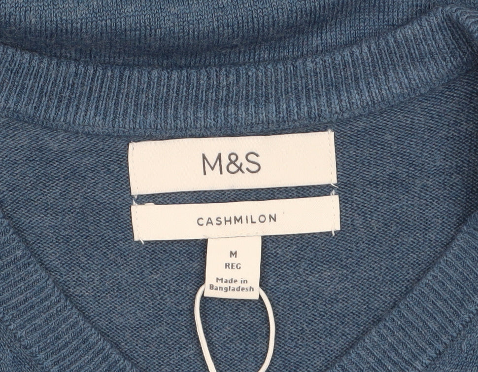 Marks and Spencer Men's Blue V-Neck Cashmilon Jumper M Regular