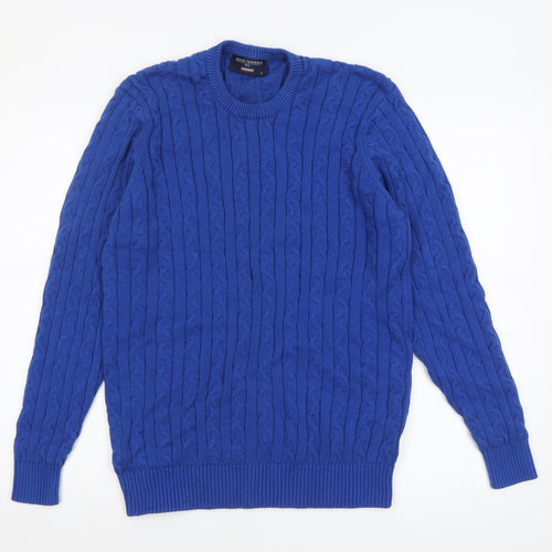 Brook Taverner Men's Blue Cotton Cable Knit Crew Neck Jumper L