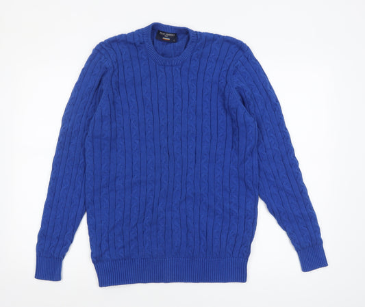 Brook Taverner Men's Blue Cotton Cable Knit Crew Neck Jumper L