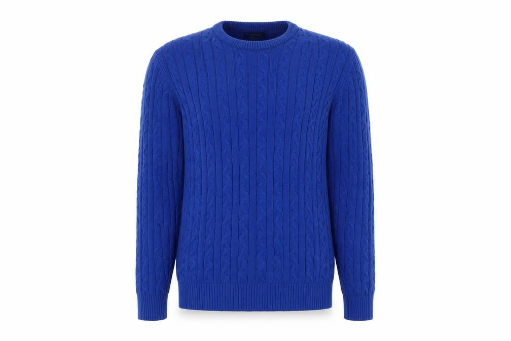 Brook Taverner Men's Blue Cotton Cable Knit Crew Neck Jumper L