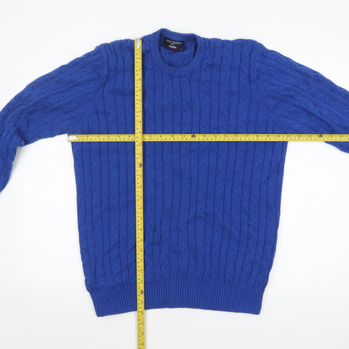 Brook Taverner Men's Blue Cotton Cable Knit Crew Neck Jumper L