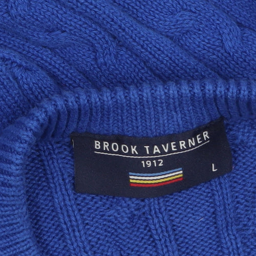 Brook Taverner Men's Blue Cotton Cable Knit Crew Neck Jumper L