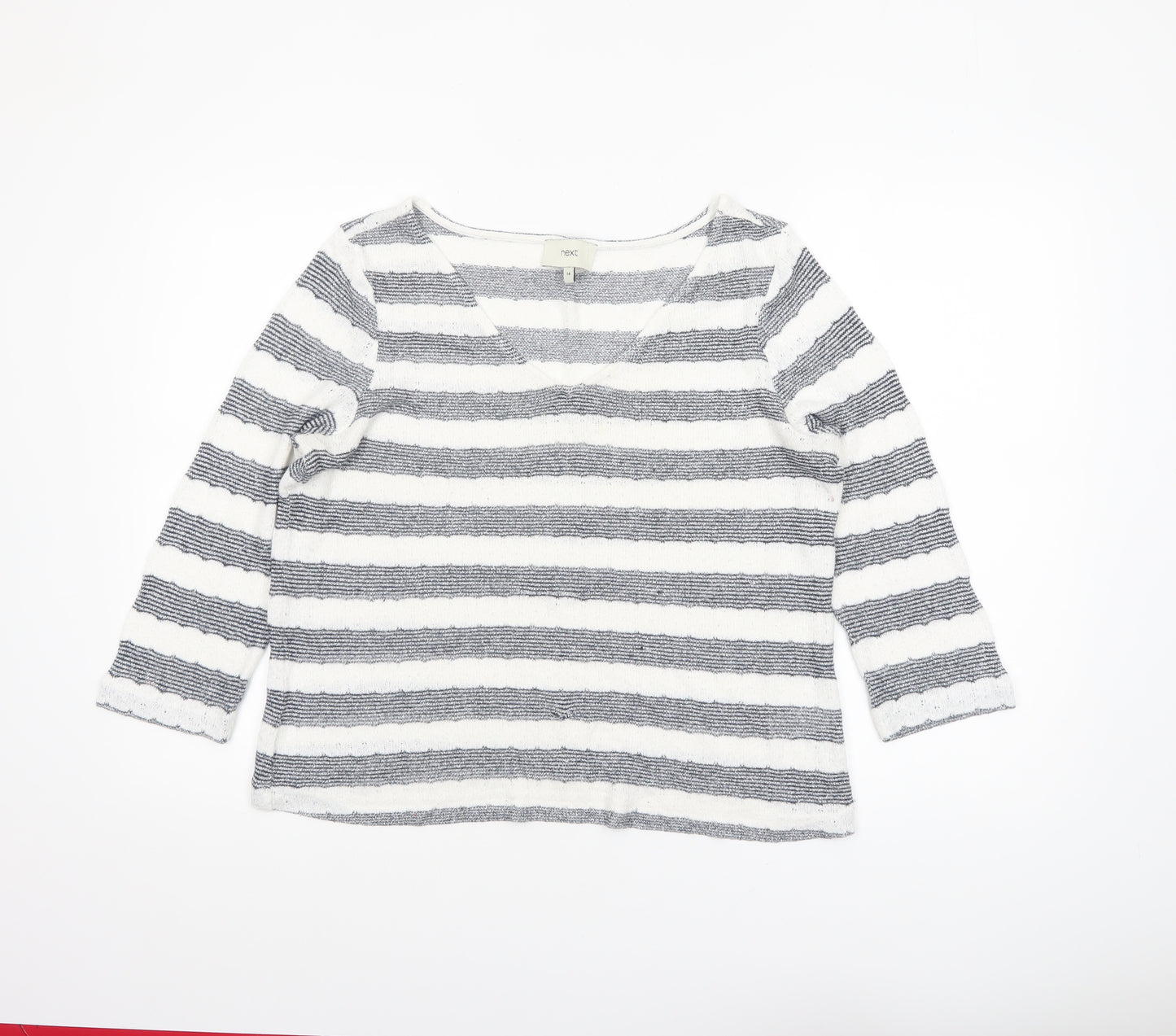 Next Women’s Grey White Striped Knit V-Neck 3/4 Sleeve Top Size 14