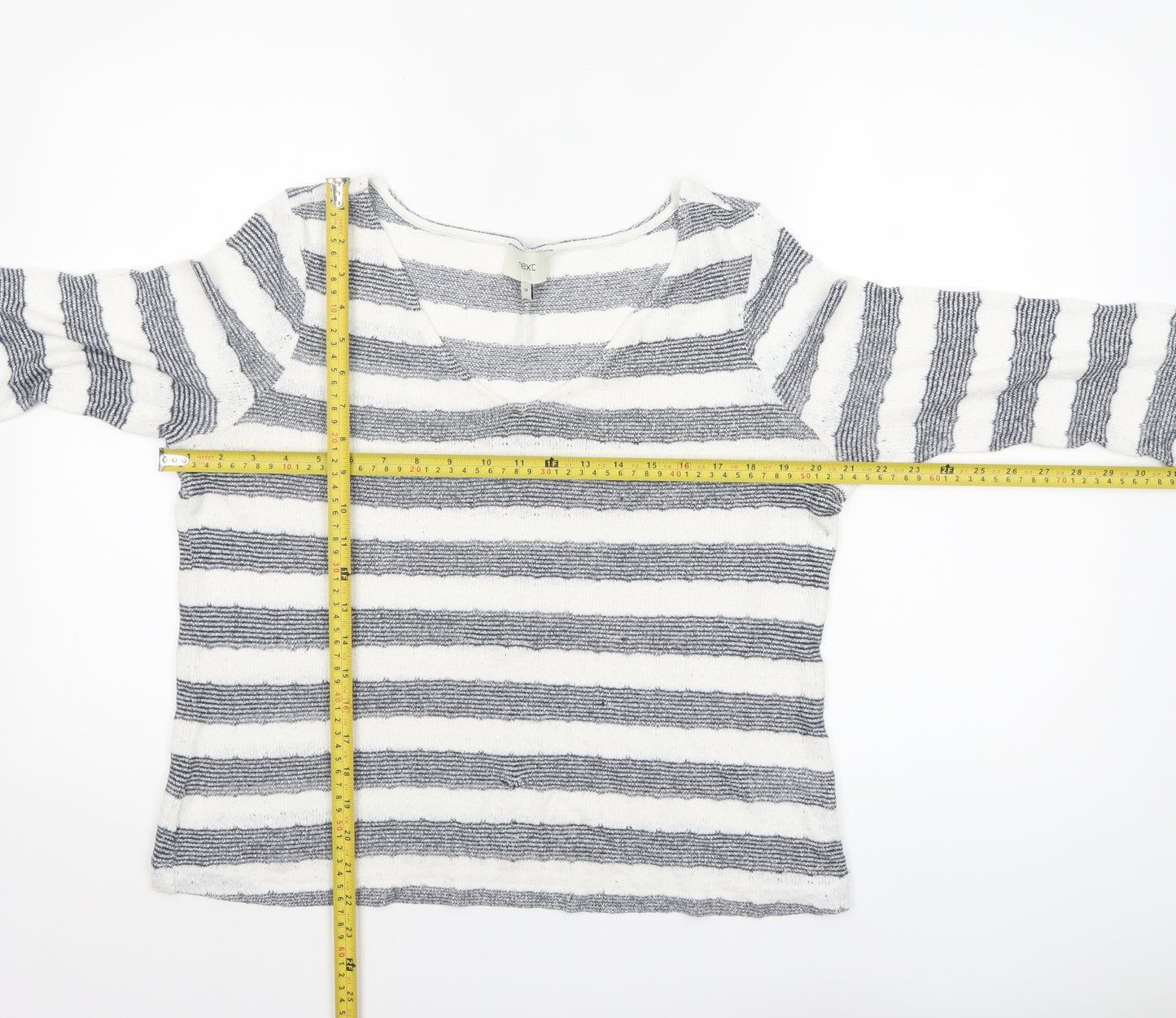 Next Women’s Grey White Striped Knit V-Neck 3/4 Sleeve Top Size 14