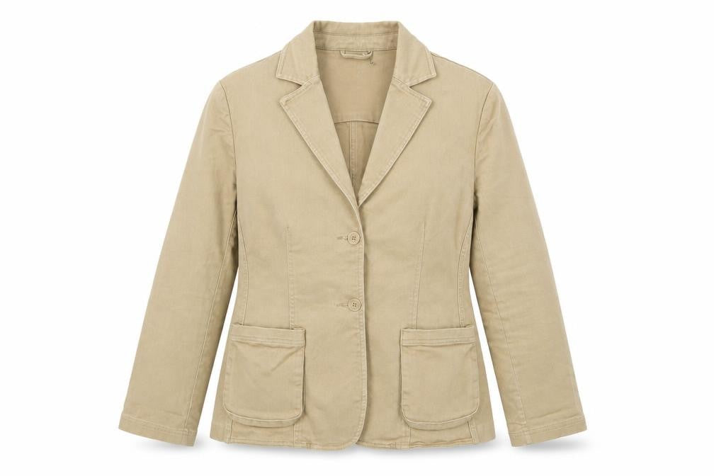Front view of Wolsey Women's Beige Cotton Blend Blazer Jacket, size 14