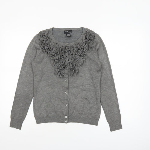 Grace Women Grey Ruffle Cardigan Small Long Sleeve Knitwear