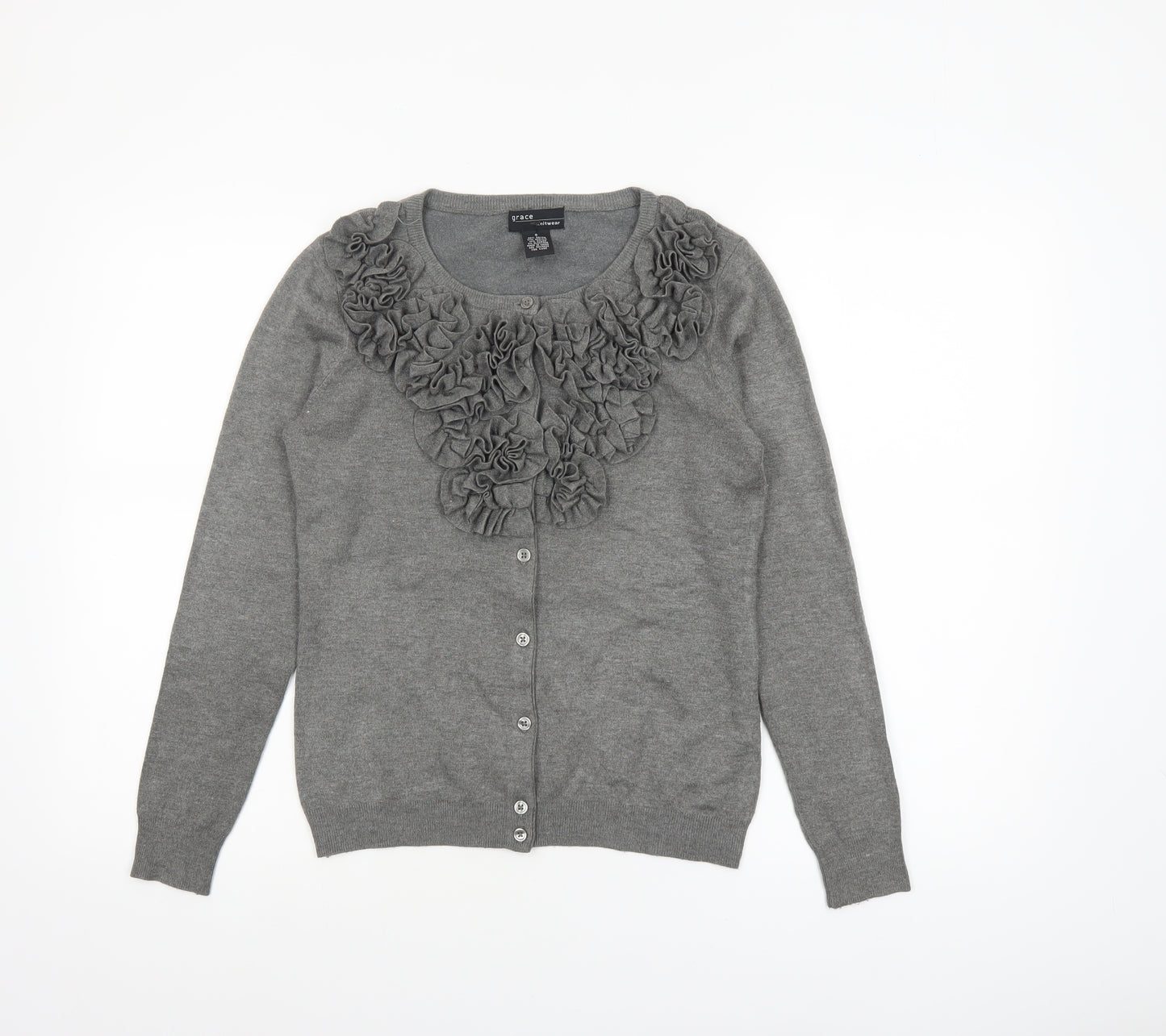 Grace Women Grey Ruffle Cardigan Small Long Sleeve Knitwear
