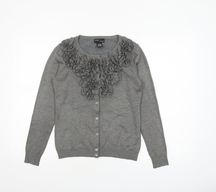 Grace Women Grey Ruffle Cardigan Small Long Sleeve Knitwear