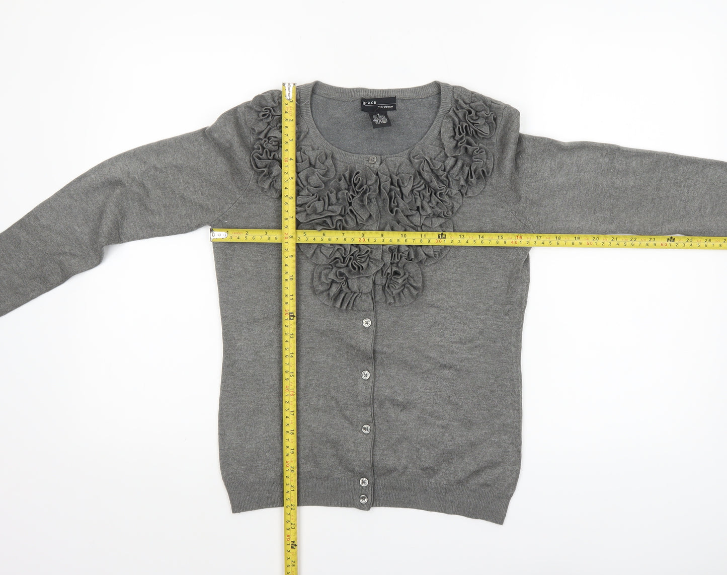 Grace Women Grey Ruffle Cardigan Small Long Sleeve Knitwear