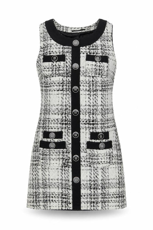 Front view of Atmosphere Women Black White Tweed Check Sleeveless Shift Dress, size 10