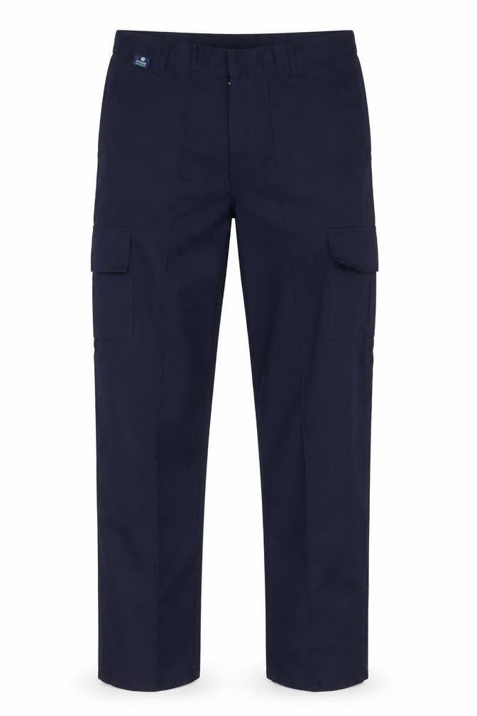 Front view of Uneek Men's Navy Blue Cargo Trousers 32L Polyester Cotton Workwear