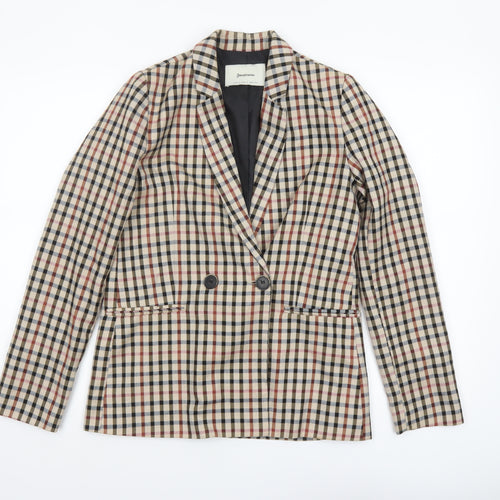 Stradivarius Women Beige Check Double-Breasted Blazer Size S