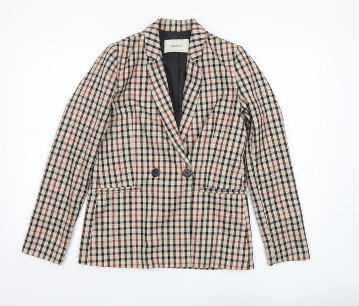 Stradivarius Women Beige Check Double-Breasted Blazer Size S