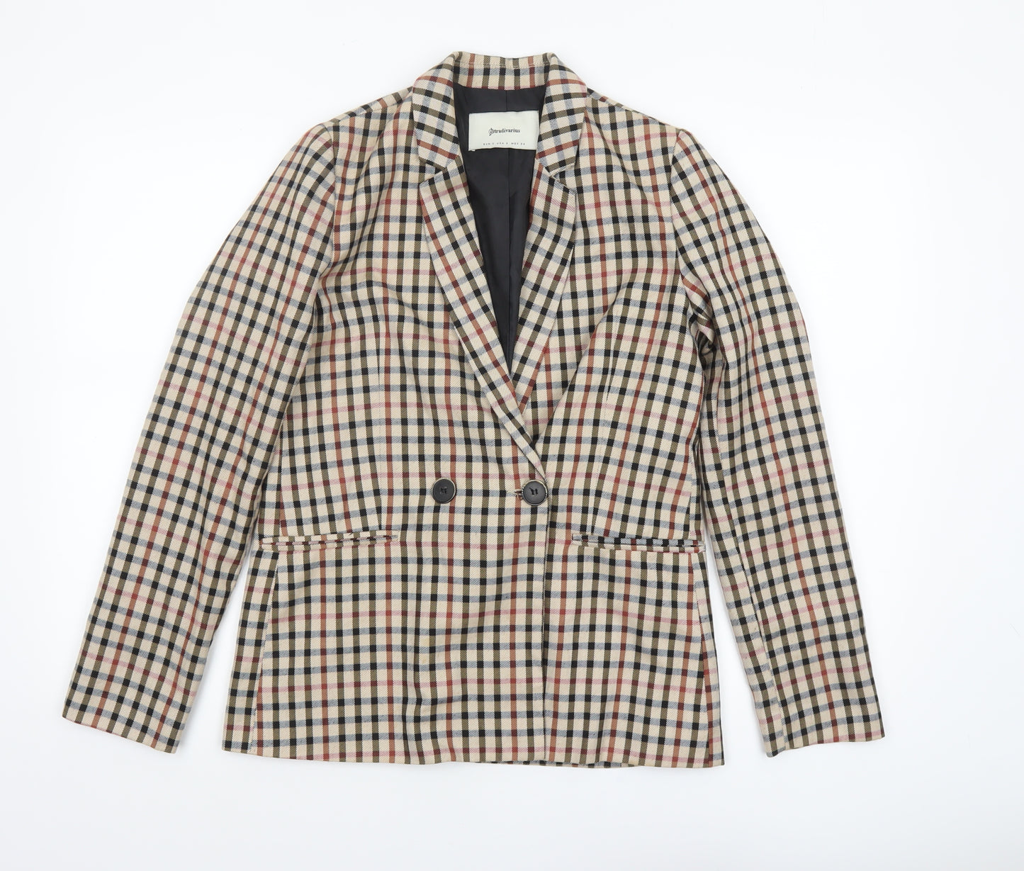 Stradivarius Women Beige Check Double-Breasted Blazer Size S