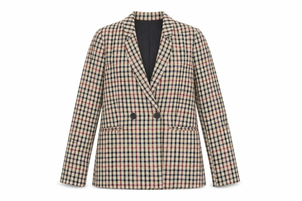Front view of Stradivarius Women Beige Check Double-Breasted Blazer, size S