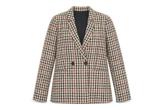 Front view of Stradivarius Women Beige Check Double-Breasted Blazer, size S