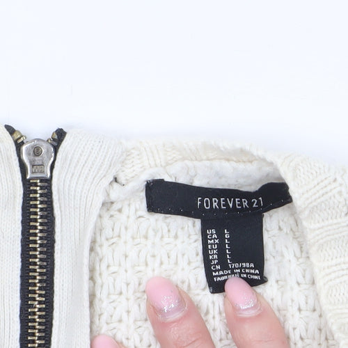 Forever 21 Women Ivory Full Zip Knit Jumper Size L