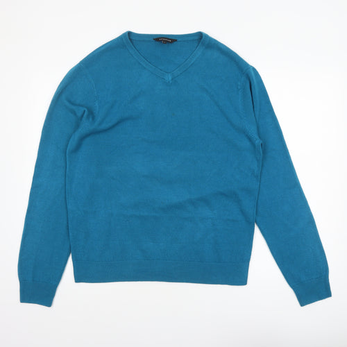 Peacocks Women's Blue V-Neck Acrylic Knit Jumper Size L