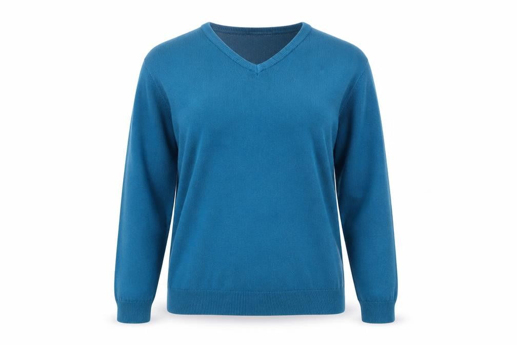 Front view of Peacocks Women's Blue V-Neck Acrylic Knit Jumper, size L
