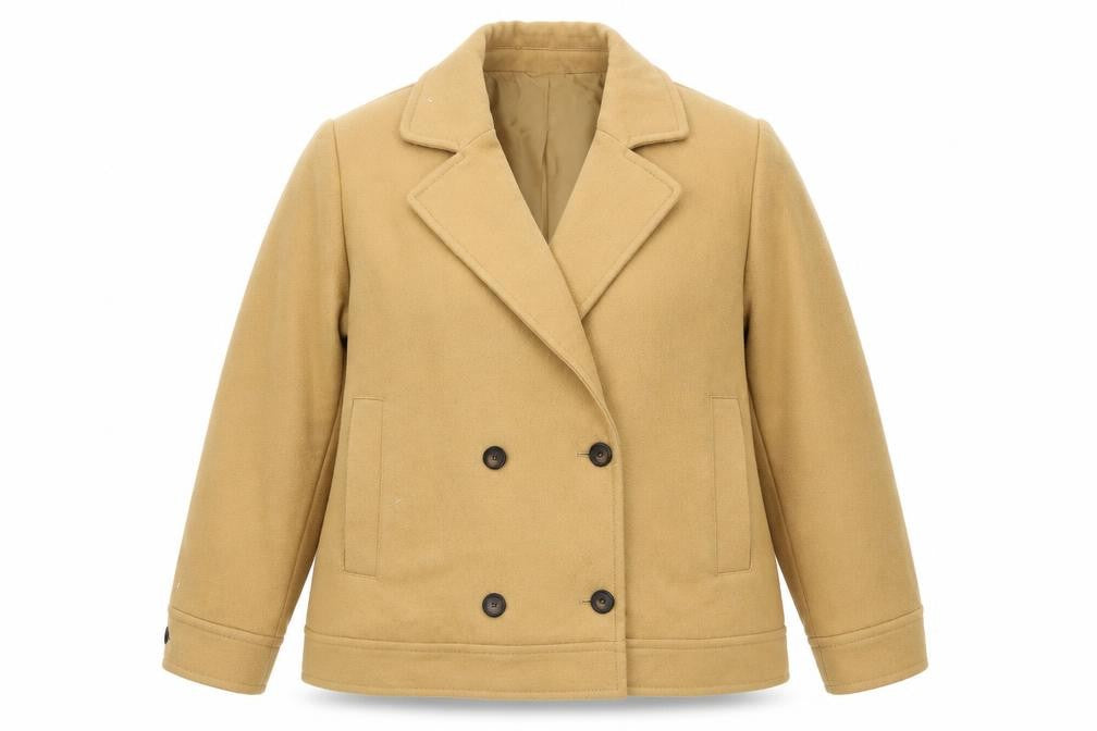 Front view of Marks & Spencer women’s beige wool pea coat, size UK 18