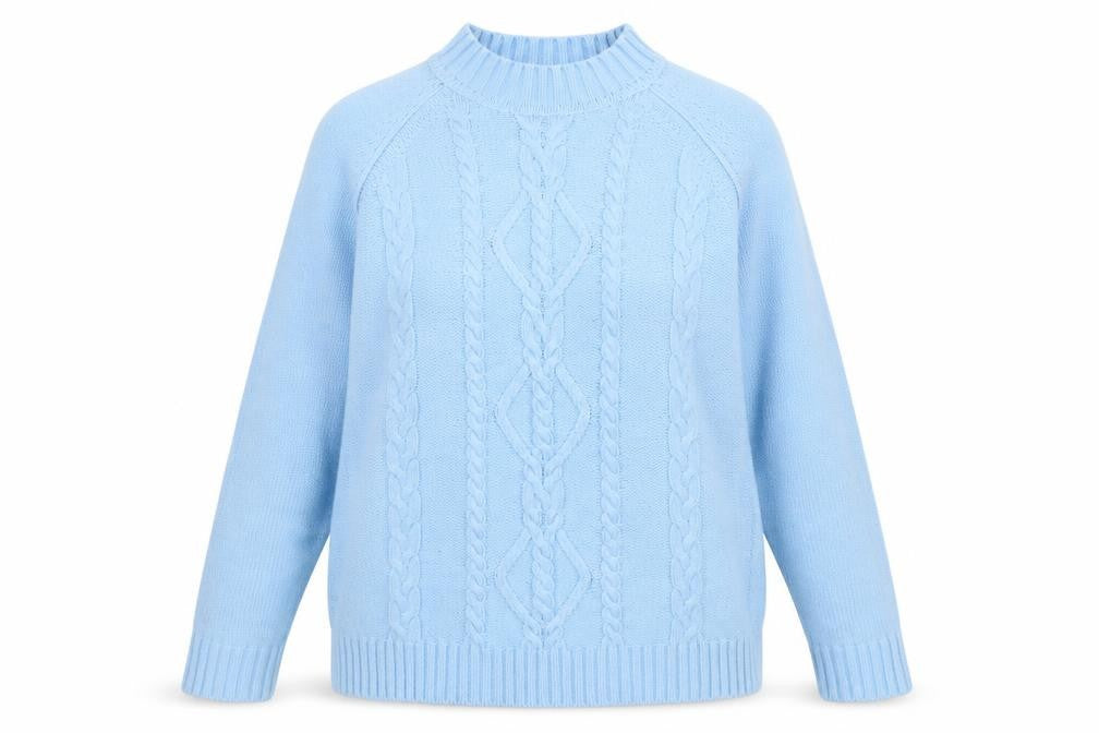 Berkertex Women’s Blue Mock Neck Cable-Knit Jumper Size 14-16