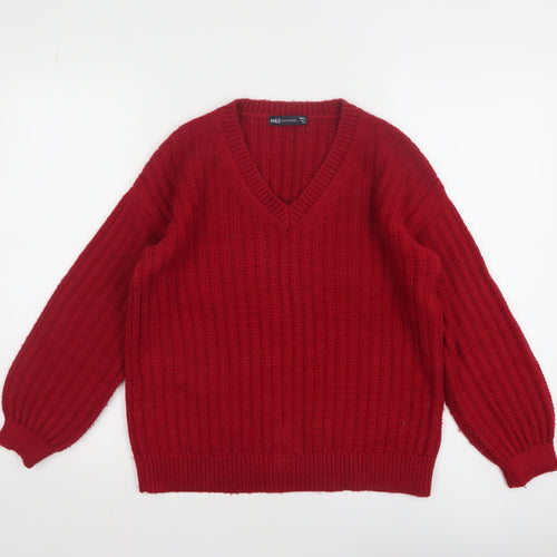 Marks and Spencer Women Red Chunky-Knit V-Neck Pullover Jumper Size S