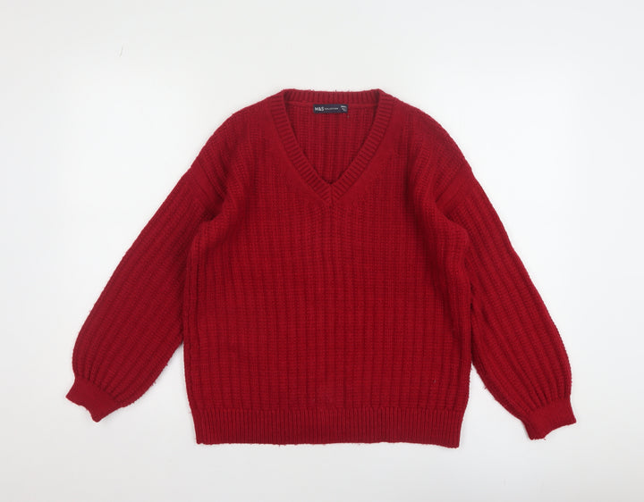 Marks and Spencer Women Red Chunky-Knit V-Neck Pullover Jumper Size S