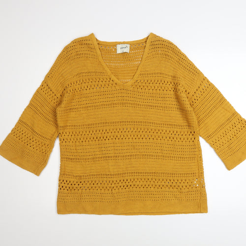 Papaya Women’s Yellow Open Knit Cotton Jumper V-Neck 3/4 Sleeve Medium