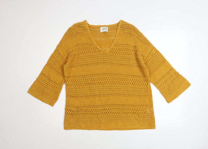 Papaya Women’s Yellow Open Knit Cotton Jumper V-Neck 3/4 Sleeve Medium