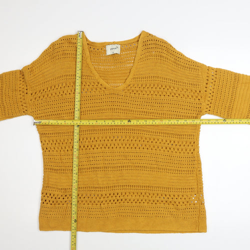 Papaya Women’s Yellow Open Knit Cotton Jumper V-Neck 3/4 Sleeve Medium