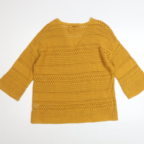 Papaya Women’s Yellow Open Knit Cotton Jumper V-Neck 3/4 Sleeve Medium