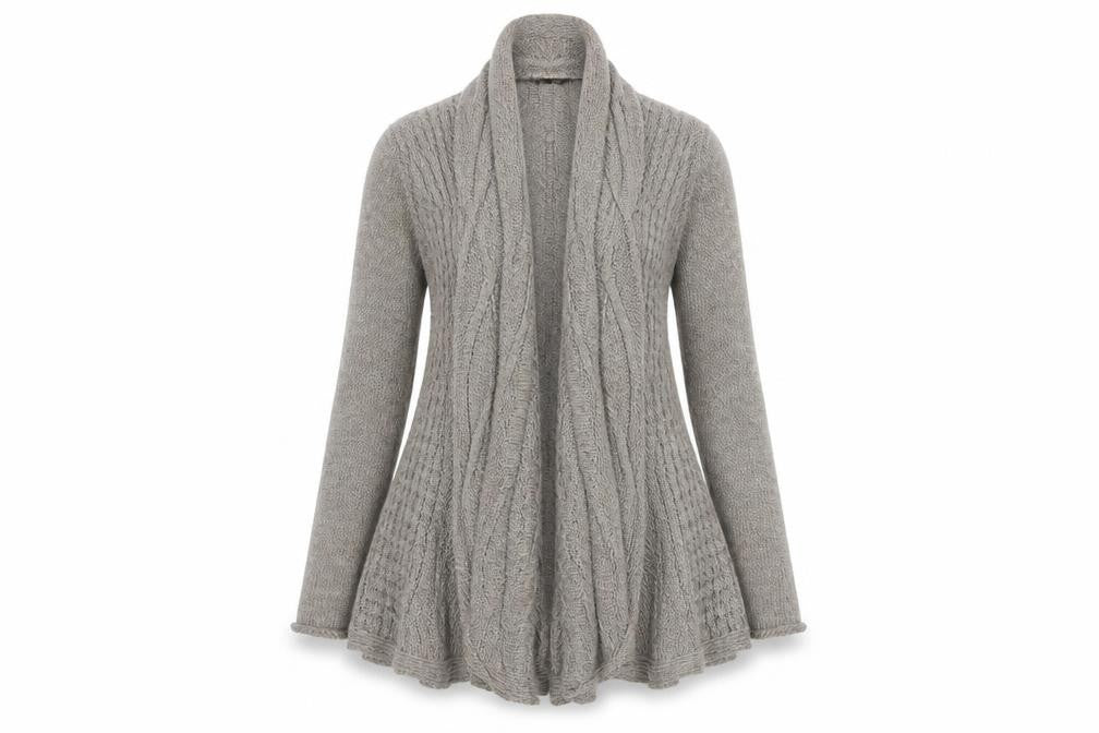 Front view of MARY Women Grey Cable Knit Open Cardigan L Alpaca Wool Blend