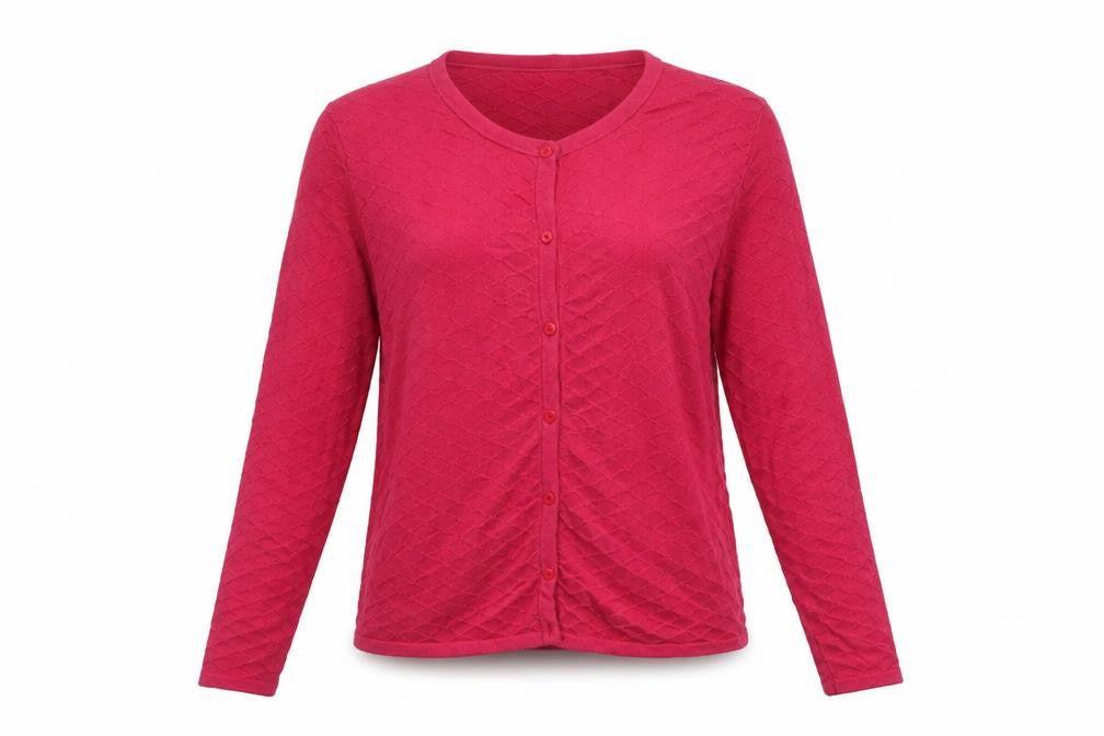 Front view of Next women’s pink knit button cardigan, size UK 10, long sleeve