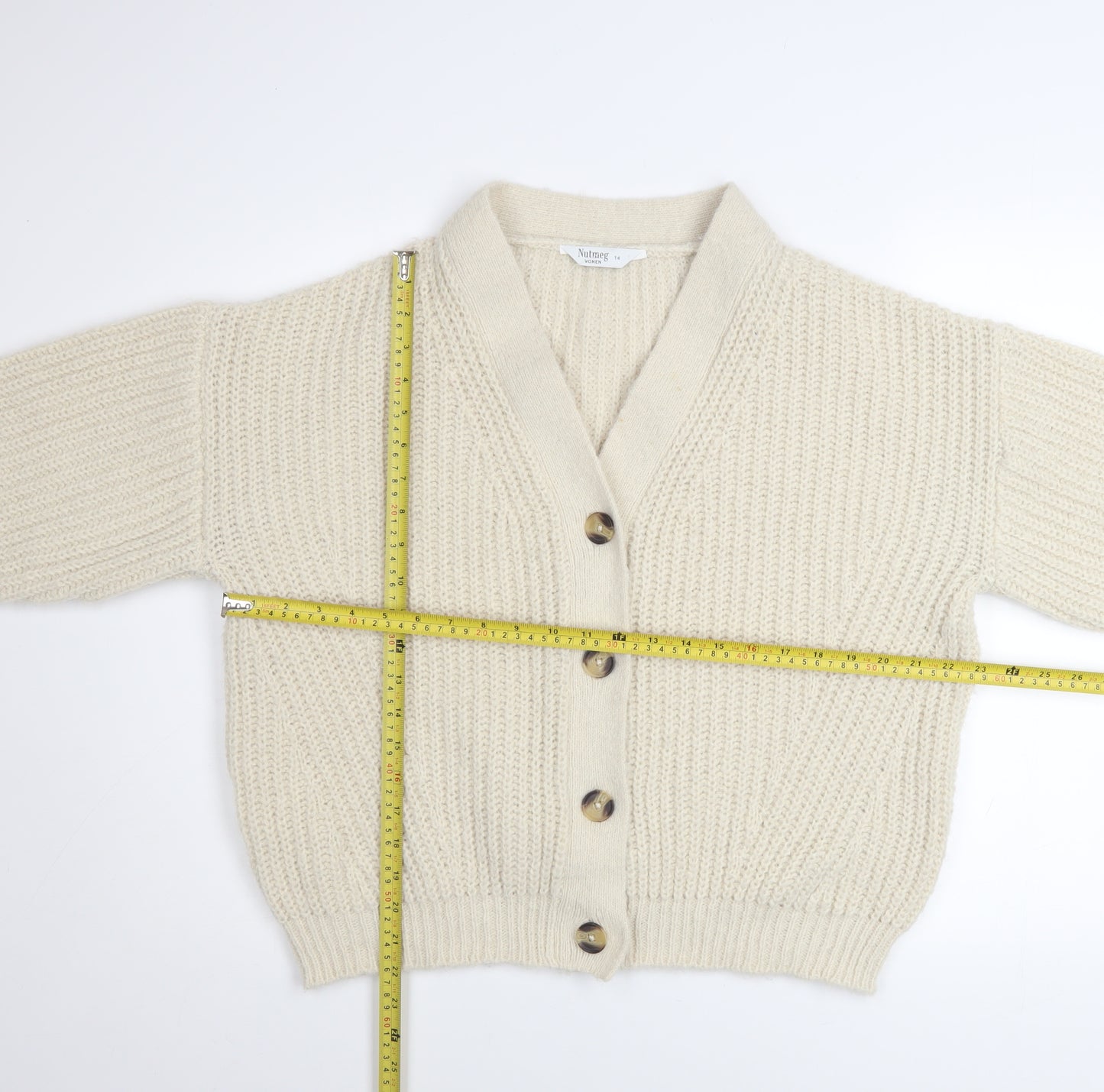 Nutmeg Women Beige Size 14 Chunky-Knit Button Cardigan