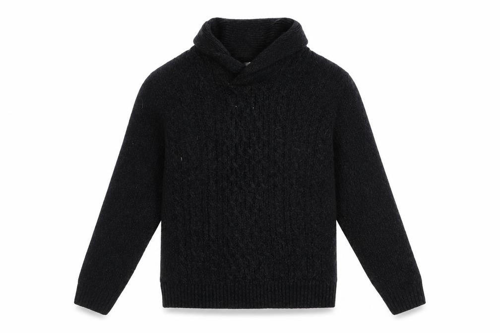 Front view of A&W85 Men's Black Cable-Knit Roll Neck jumper, size M